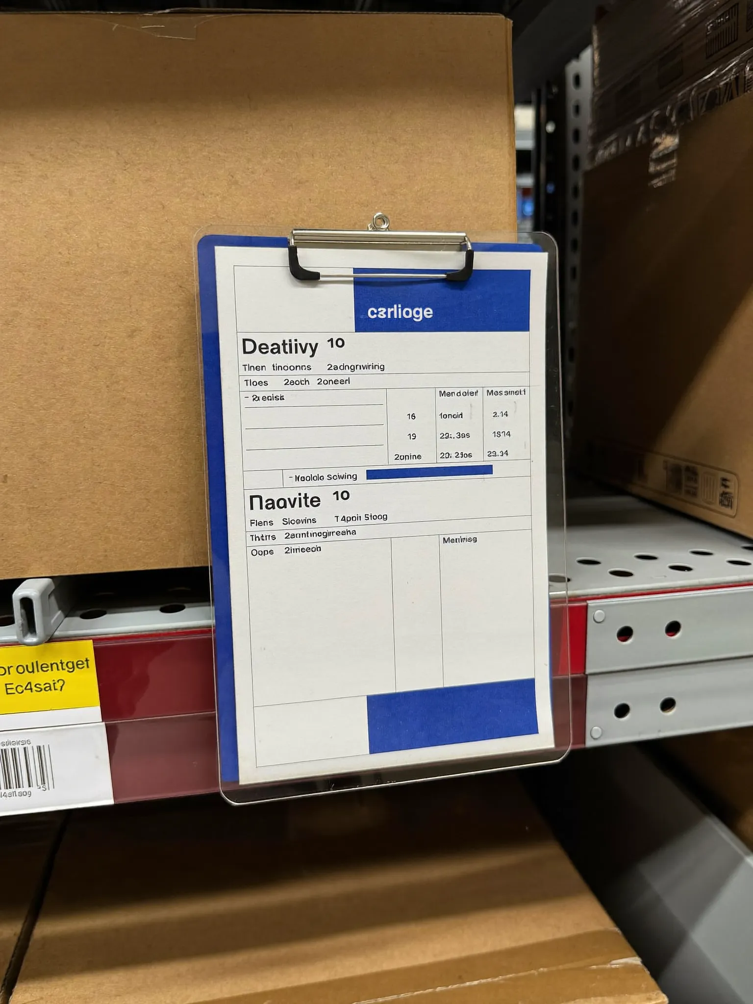 A logistics tablet showing a delivery schedule resting on a warehouse shelf beside neatly stacked boxes