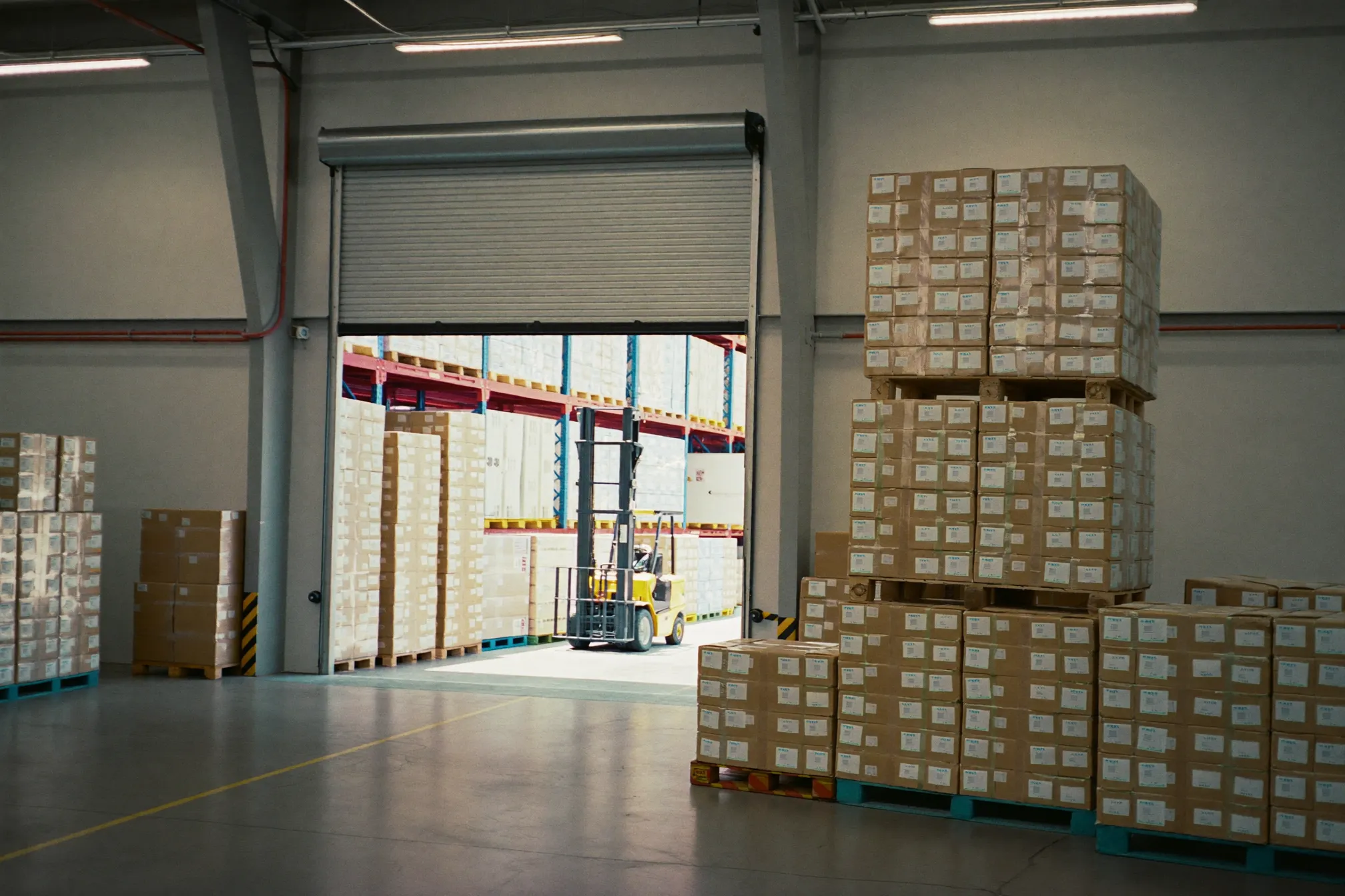 A clean, organised logistics warehouse with neatly stacked pallets on racking and a forklift at an open loading door in bright daylight